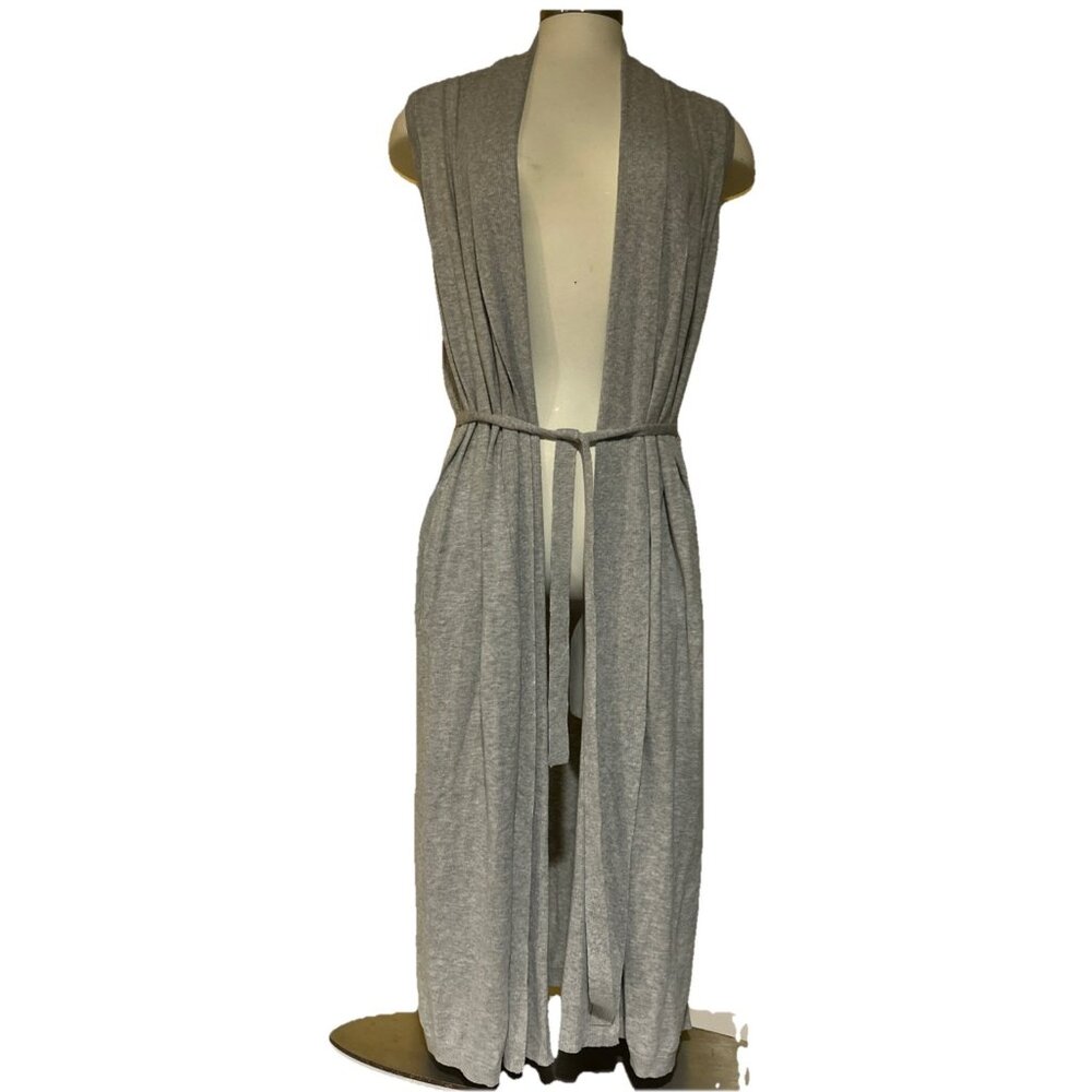 Lucky Brand Women Sz L Long Gray Boho Knit Belted Sweater Vest Duster Pockets - Picture 1 of 9